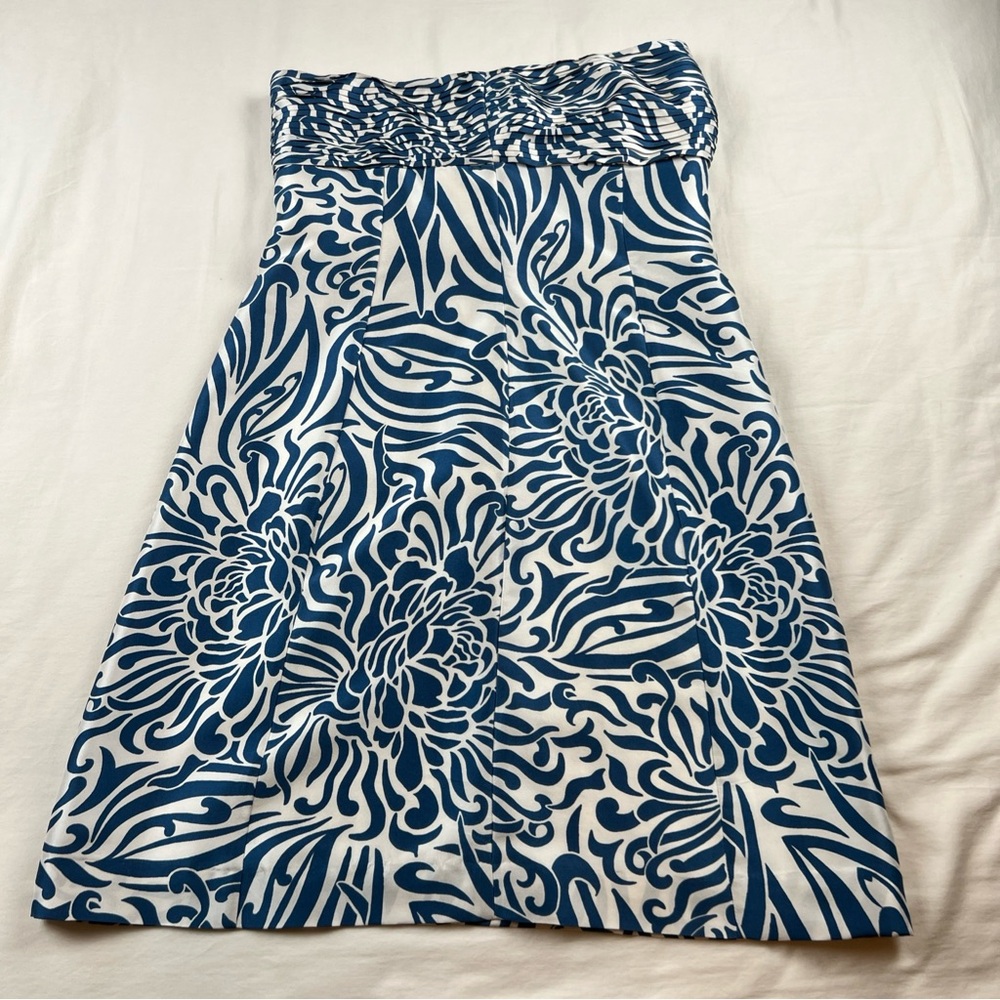 Ann Taylor Silk Strapless Ruched Bodice Cocktail Dress 6P Blue White Floral NWT